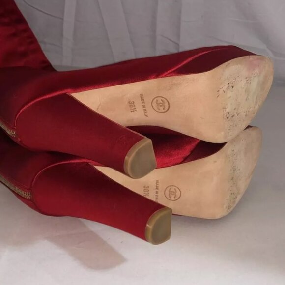 38.5/8❤️CHANEL Runway Red Satin Leather OVER THE KNEE HIGH HEEL Platform BOOTS - Picture 7 of 15